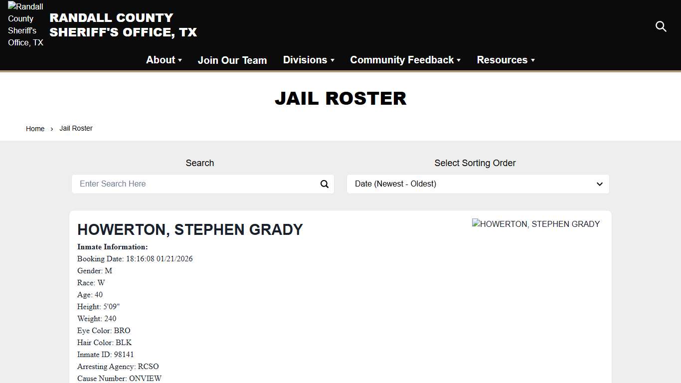 Jail Roster | Randall County Sheriff's Office, TX